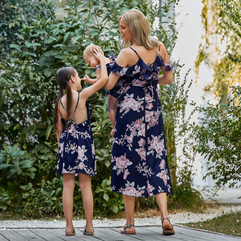 PopReal Mommy and Me Dresses Floral Print Fly Sleeve Strap Backless Ruffle Beach Mini Sundress - Image 4